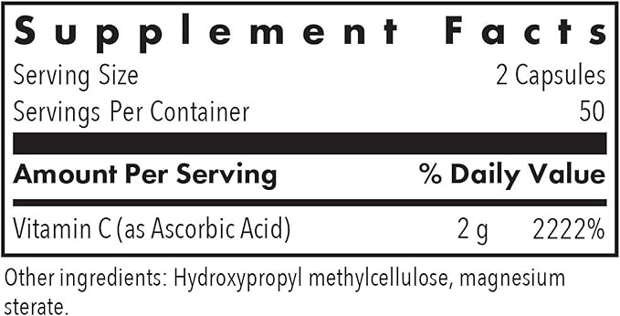 Allergy Research Group ARG Pure Vitamin C - 2 g Ascorbic Acid - Antioxidant &amp Immune System Support - Unbuffered Supplement - Hypoallergenic - 50 Servings - 100 Capsules