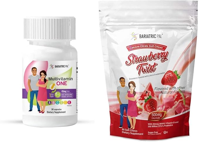 BariatricPal Duodenal Switch Complete 30-Day Supply Vitamin Pack (Capsule with 45mg Iron Calcium Citrate Soft Chews with Probiotics - Strawberry Twist)