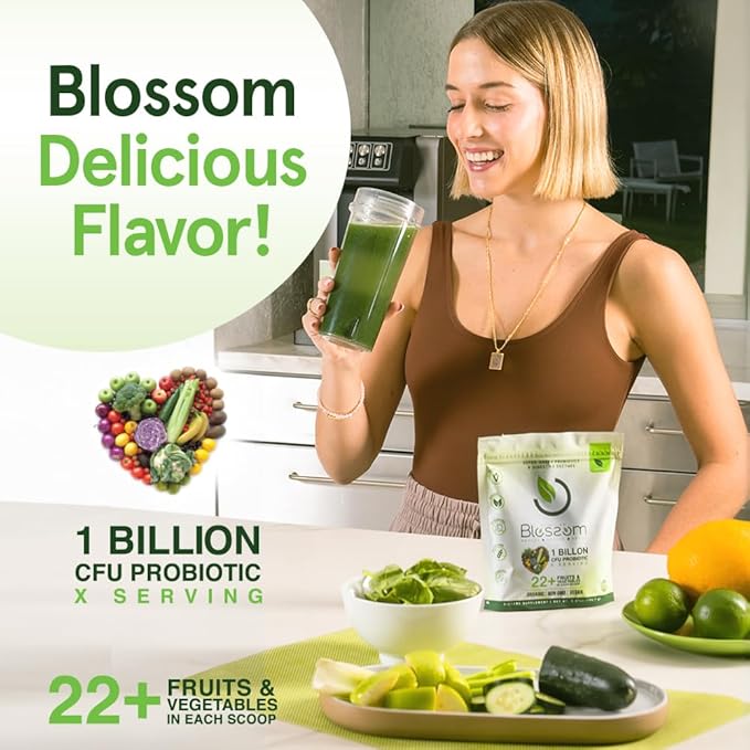 Blossom SuperGreens Probiotics – Digestive Enzymes with Pre/ProBiotics for Bloating Relief – 30+ SuperGreens &amp SuperReds to Boost Energy –Organic Gluten-Free No Fiber 0g Sugar (Lemon Citrus)