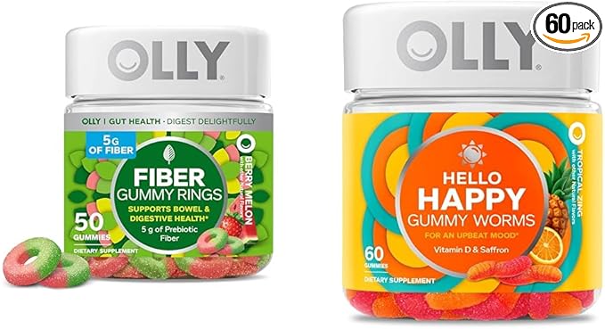 OLLY Fiber Gummy Rings 5g Prebiotic Fiber FOS (Fructo-oligosaccharides) Digestive Support &amp Hello Happy Gummy Worms Mood Balance Support Vitamin D Saffron Adult Chewable Supplement