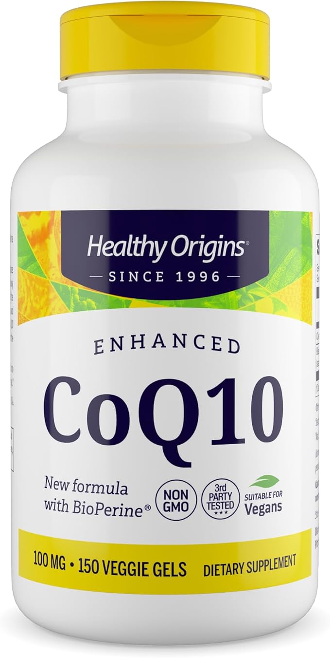 Healthy Origins Natural Enhanced CoQ10 (BioPerine®) 100 mg - Heart Health &amp Energy Supplement - Gluten-Free &amp Non-GMO Supplements with BioPerine &amp Sunflower Lecithin ((Pack of 1) 150 Veg