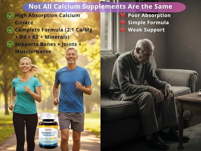 LOVITA Calcium Citrate 800 mg with Magnesium Vitamin D3 &amp K2 Bone Strength &amp Density Supplement for Women &amp Men Supports Teeth Immune Health Gluten Free Non-GMO 360 Vegan Tablets