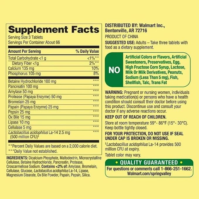Spring Valley Probiotic Multi-Enzyme Digestive Formula Tablets 200 ct + Daily Supplement Tracker Sticker