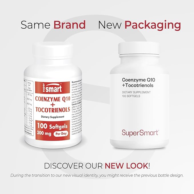Supersmart - Coenzyme Q10 + Tocotrienols 300mg per Day (Patented &amp Bioavailable) - CoQ10 Supplement with Tocotrienols - Palm Oil Extract | Non-GMO &amp Gluten Free - 100 Softgels