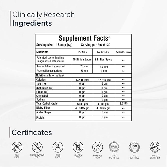 Notes Probiotics &amp Prebiotic Fiber Powder for Men Women and Kids with Patented Lacto Bacillus Coagulans (Lactospore) for Better Gut and Immunity 150 Grams