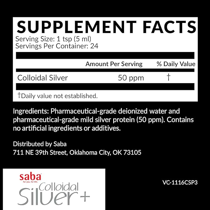 Saba Colloidal Silver 50PPM 4Fl Oz.- Seasonal Wellness Immune Support -This Multi-Use Product Comes in Handy for Several of Life’s Little Accidents. It’s A Must-Have in Every Household -24 Servings