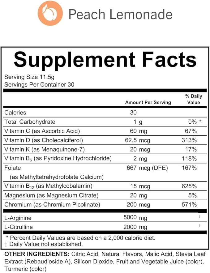 L-Arginine Complete Peach Lemonade - 5000mg L Arginine Nitric Oxide Booster Natural Supplement Increases Energy and Endurance