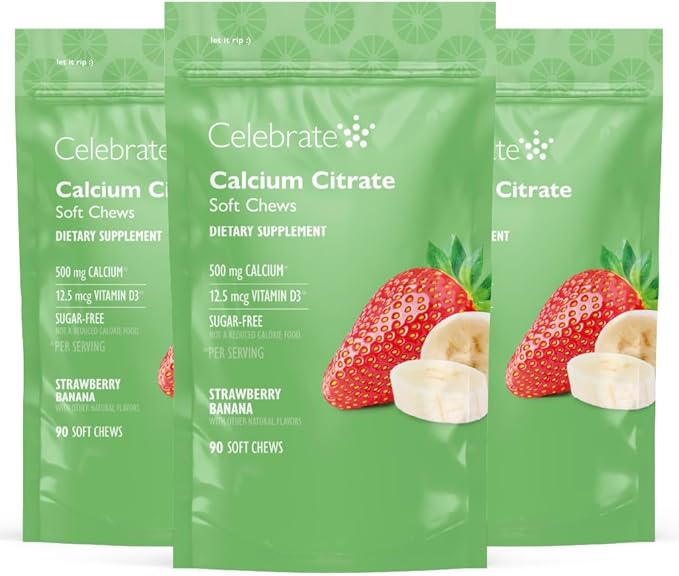 Celebrate Vitamins Bariatric 500mg Calcium Citrate Soft Chews with 500 IU Vitamin D3 – Essential for Gastric Bypass Patients &amp Bone Health - Sugar &amp Gluten Free Strawberry Banana (270 Chews)