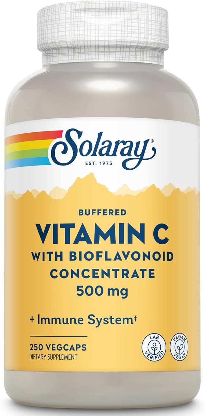 SOLARAY Buffered Vitamin C 500mg - with Bioflavonoids Rose HIPS and Acerola Cherry - Immune Support Supplement - Easy to Digest Vegan Lab Verified 60-Day Guarantee - 250 Servings 250 VegCaps
