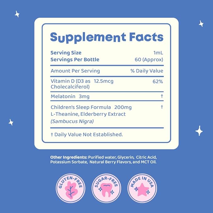 JoySpring Sleepberry Kids Melatonin 3 mg – Liquid Sleep Aid with L Theanine High Absorption Berry Drops (2 fl oz) 60 Servings Children's Melatonin with Vitamin D Kids Travel Essentials