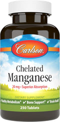 Carlson - Chelated Manganese 20 mg - Superior Absorption Healthy Metabolism Bone Support &amp Brain Health 250 Tablets