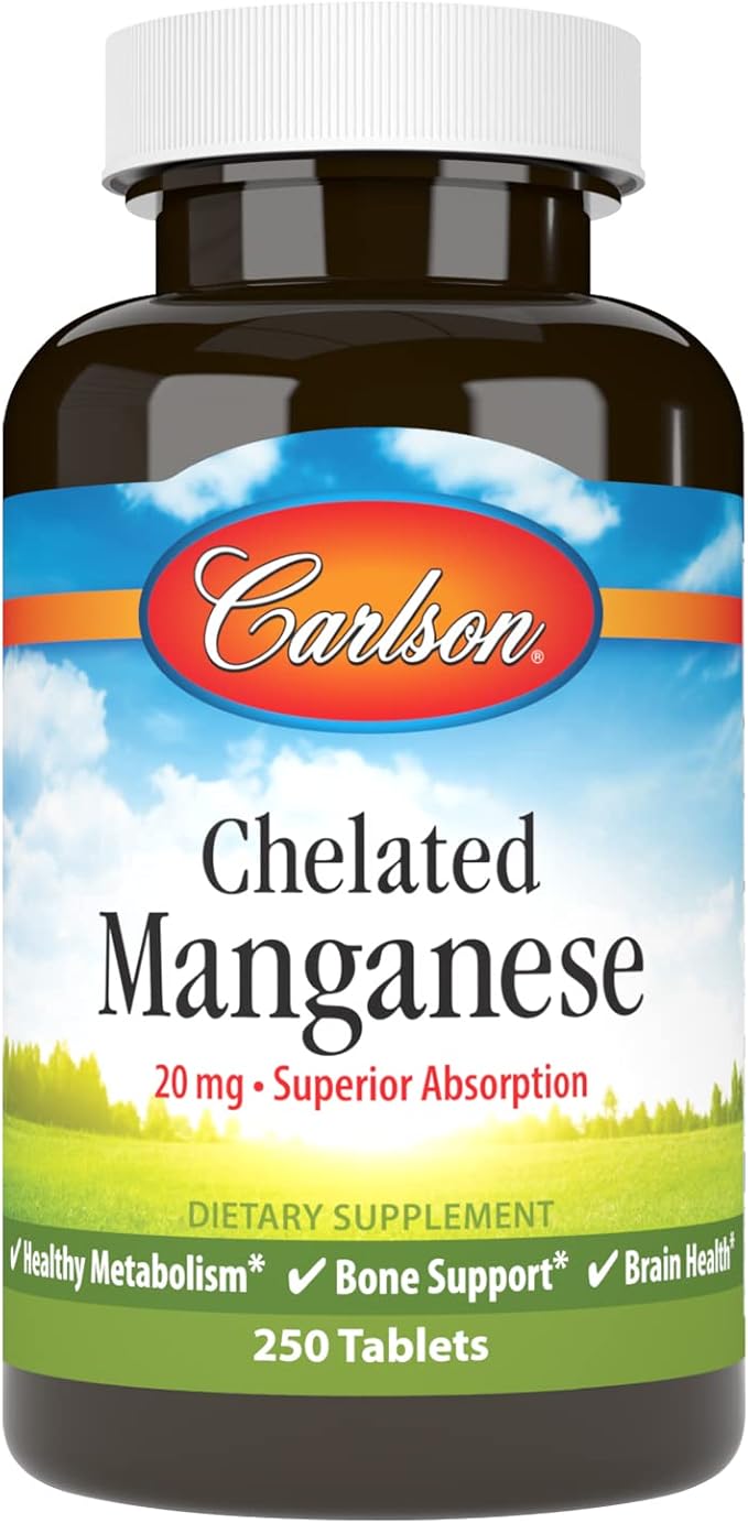 Carlson - Chelated Manganese 20 mg - Superior Absorption Healthy Metabolism Bone Support &amp Brain Health 250 Tablets