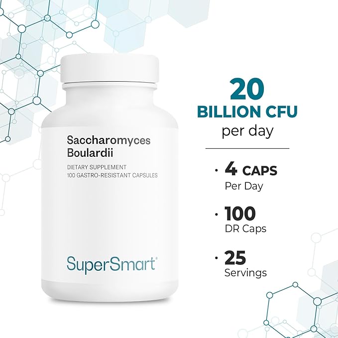 Supersmart - Saccharomyces Boulardii 20 Billion CFU per Day (High Strength) - Probiotic Supplement | Non-GMO &amp Gluten Free - 100 Delayed Release Capsules