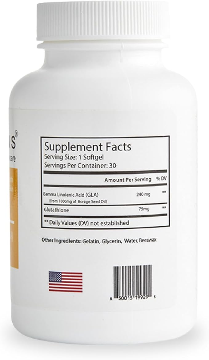 Relumins GLA Plus Glutathione Supplement – 240mg Borage Seed Oil GLA &amp 75mg Capsules – Hydrate Protect &amp Glow from Within – 30 Capsules - Moisturized Radiant Healthy-Looking Skin