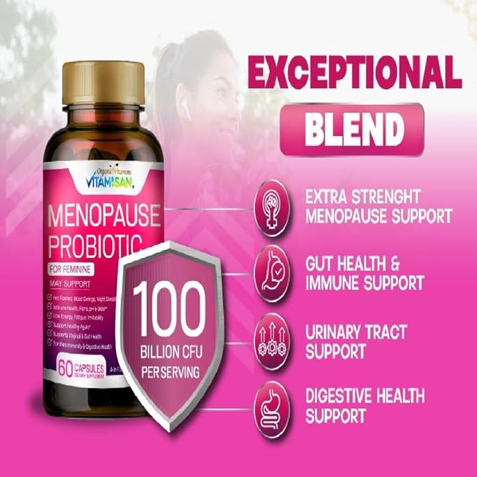 VITAMISAN Menopause Support Probiotic 2 Pack – 100 Billion CFU with Black Cohosh &amp Ashwagandha – Hormone-Free Prebiotics &amp Probiotics for Women – Feminine Care pH Balance &amp Mood Support