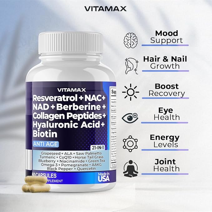 Vitamax Resveratrol NAD+ Berberine Hyaluronic Acid - Biotin Grape &amp Blueberry + NAC - Collagen Peptides - Hair Nail Skin &amp Joint Supplement - 21-in-1 Women and Men - Made in USA - 120 Count