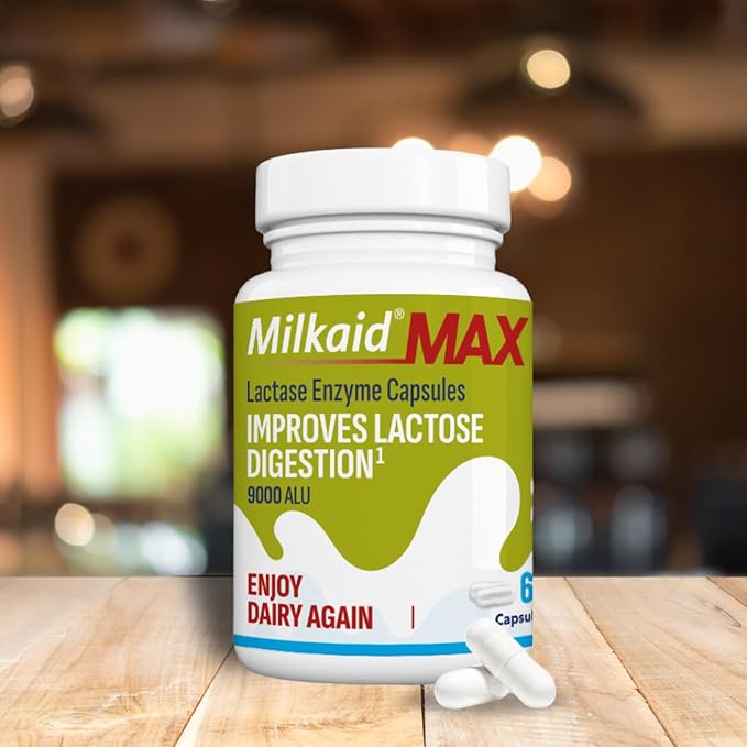 Milkaid Lactase Enzyme Drops for Lactose Intolerance &amp Max Lactase Enzyme Capsules | Fast Acting Dairy Digestive Supplement | Prevent Gas &amp Bloating | 0.50 FL.OZ. &amp 60 Capsules 9000 ALU