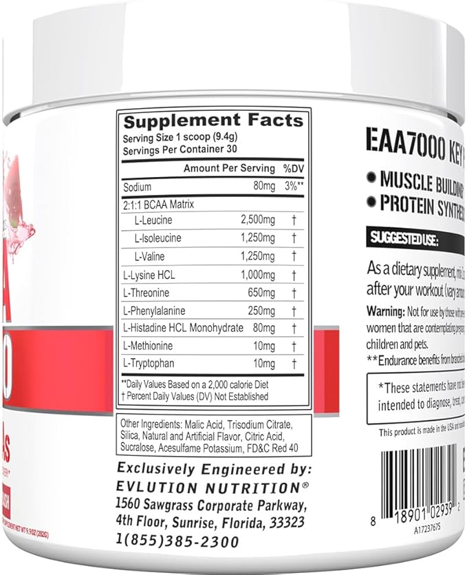 Evlution Nutrition EAA7000 - Pre &amp Post Workout Powder - Muscle Building + Recovery Supplement - 7g Essential Amino Acids + 5g BCAAs - Endurance + Energy Support - 30 Servings - Watermelon Splash