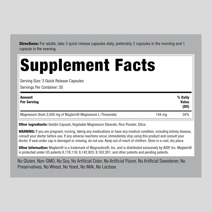 Piping Rock Magnesium L-Threonate Capsules 2000 mg | 90 Pills | Supplement for Men and Women with Magtein | Non-GMO Gluten Free
