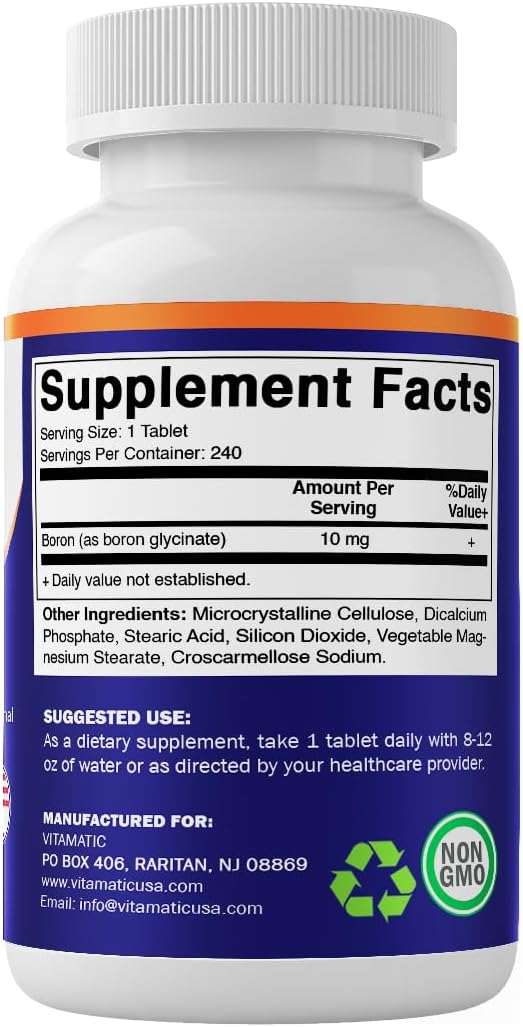 Vitamatic Chelated Boron (as Glycinate) 10mg 240 Tablets - Supports Hormone Balance Bone Health &amp Connective Tissue- 2 Pack