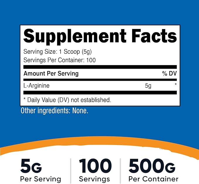 Nutricost L-Arginine Powder 500 Grams (1.1lbs) - Pure L-Arginine Powder - 5000mg Per Serving 100 Servings