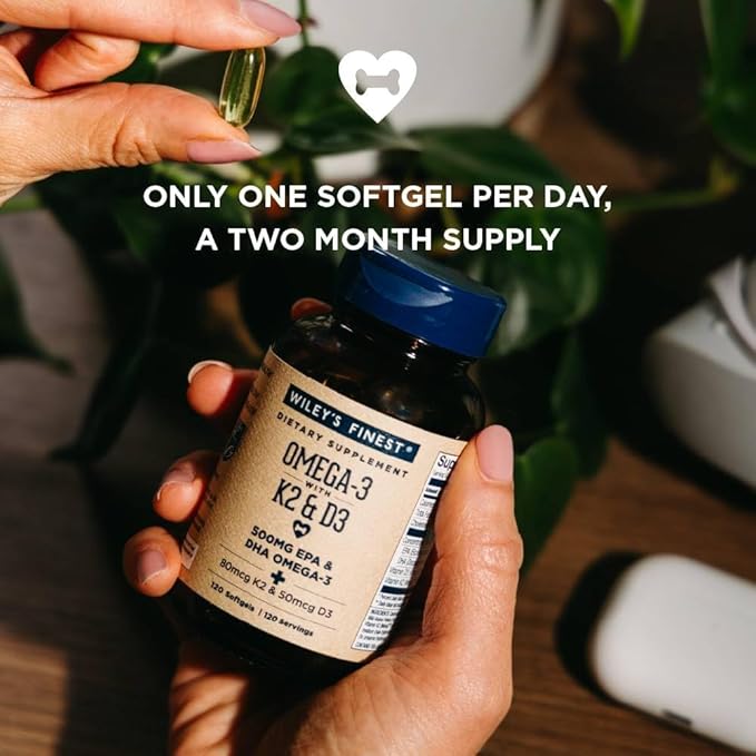 Wiley's Finest Wild Alaskan Fish Oil Vitamin K2 &amp D3 Softgels - 500mg of EPA and DHA Omega-3s for Bone and Heart Health Support - 120 Softgels (120 Servings)