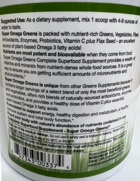 Super Omega Greens Complete Superfood Supplement with Greens Vegetables Flax Fiber Antioxidants Enzymes Probiotics Vitamin C and Omega 3-7.9oz Powder