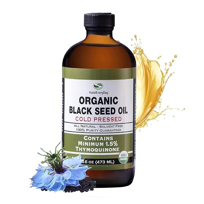 HalalEveryDay Organic Black Seed Oil - USDA Certified Cold Pressed Glass Bottle 16oz - Over 1.5% Thymoquinone Turkish Black Cumin Nigella Sativa Non-GMO 100% Pure Blackseed Oil