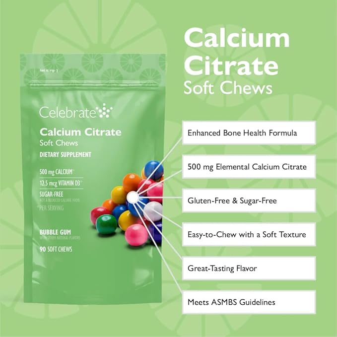Celebrate Vitamins Bariatric 500mg Calcium Citrate Soft Chews with 500 IU Vitamin D3 – Essential for Gastric Bypass Patients &amp Bone Health - Sugar &amp Gluten Free Bubble Gum (90 Chews)