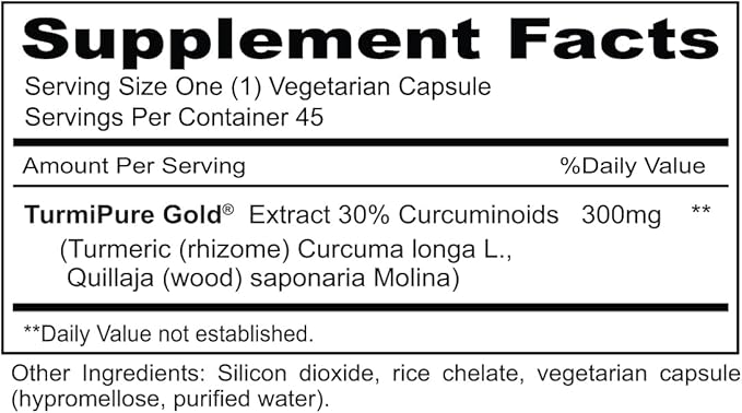 Priority One Vitamins Curcumin Gold 45 Vegetarian Capsules TurmiPure Gold™ is The World’s First bioequivalent Turmeric Extract*