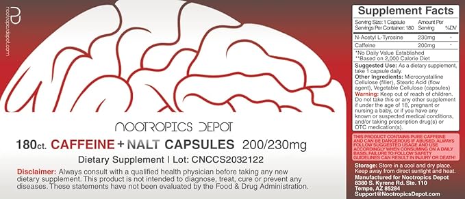 Nootropics Depot Caffeine + N-Acetyl L-Tyrosine Capsules | 200mg Caffeine | 230mg NALT | 180 Count |Promotes Energy | Promotes Positive Mood