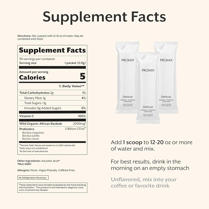 ProMix Nutrition Debloat Prebiotics and Probiotics Immune Support Supplement for Digestion Cortisol Health Gut Cleanse - Unflavored - 30 Servings (Pack of 30)