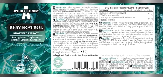 APOLLO'S HEGEMONY Resveratrol High Dose 400 mg - 60 Vegan Capsules - 2 Months Supply - 98% Trans-Resveratrol from Japanese Knotweed Extract - Natural Antioxidant
