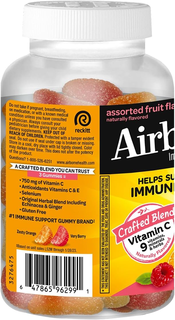 Airborne 750mg Vitamin C Immune Support Supplement Gummies for Adults Assorted Fruit Flavor Gluten Free Crafted Blend with Powerful Antioxidants Vitamins A C &amp E 63 Gummies (3 Pack)