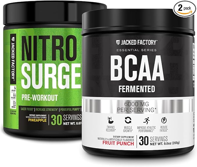 Jacked Factory Nitrosurge Pre-Workout in Pineapple &amp BCAA in Fruit Punch for Muscle Building and Recovery