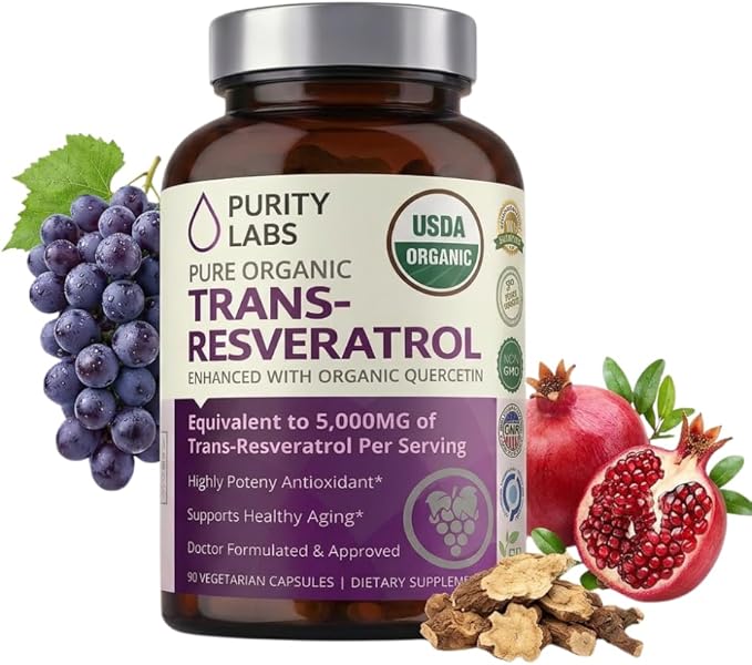 Purity Labs Trans-Resveratrol Supplement 5000 mg Equivalent per Serving with Quercetin USDA Organic High Potency Antioxidant Vegan Capsules 90 Count