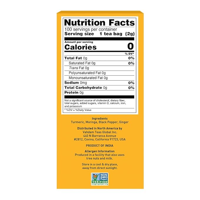VAHDAM Turmeric Moringa Tea Bags (100 Herbal Tea Bags) Caffeine Free Non GMO | 100% Pure Herbal Blend - Sweet &amp Earthy | Resealable Ziplock Pouch