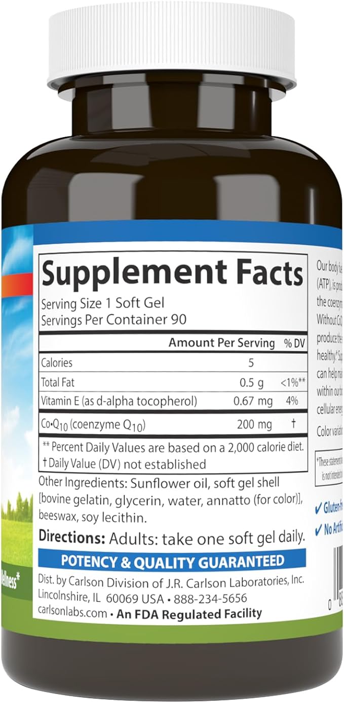 Carlson - Co-Q10 Co-Enzyme Q10 200 mg Energy Production &amp Heart Function 90 Softgels