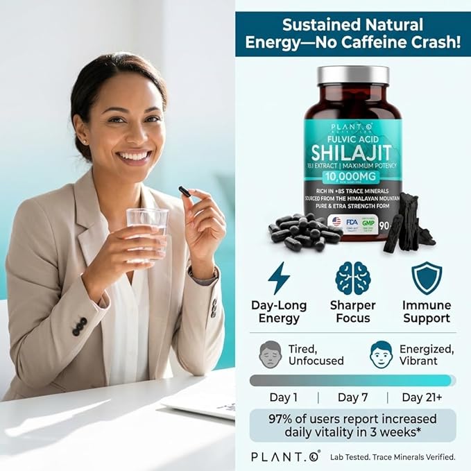 Pure Himalayan Shilajit Capsules - 10000mg Maximum Potency | Fulvic Acid + 85 Trace Minerals | Energy Boost Immune Support Cognitive Function | 90 Veggie Pills for Men &amp Women