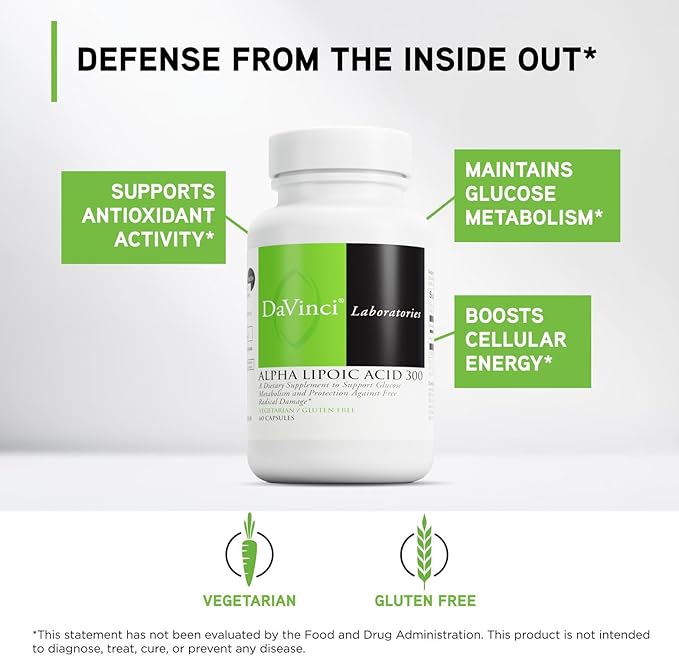 DAVINCI Labs Alpha Lipoic Acid 300 - Dietary Supplement to Support Metabolism and Healthy Collagen Levels - with 300 mg Alpha Lipoic Acid per Capsule - Gluten-Free - 60 Vegetarian Capsules