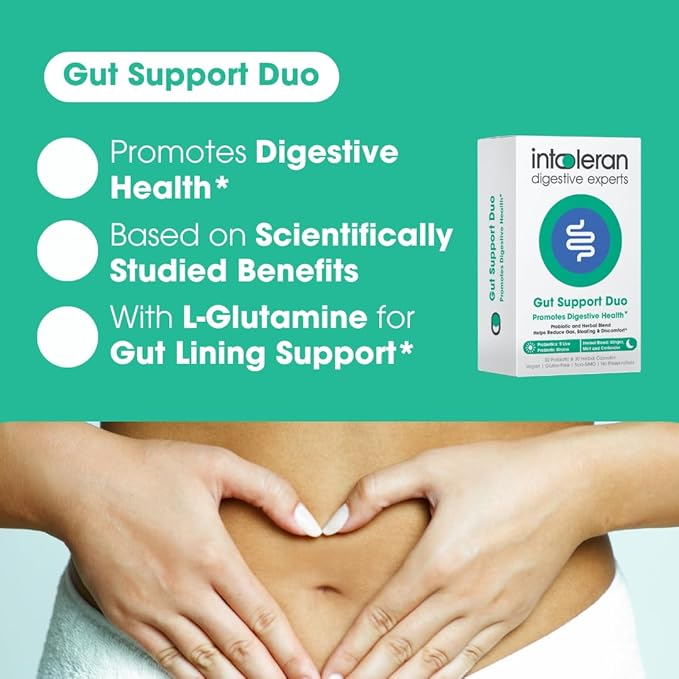 Intoleran Gut Support Duo – Probiotics &amp Herbal Blend for Digestive Health | Helps Ease Occasional Bloating Gas &amp Discomfort | Non-GMO Gluten &amp Soy Free – 60 Capsules (30-Day Supply)