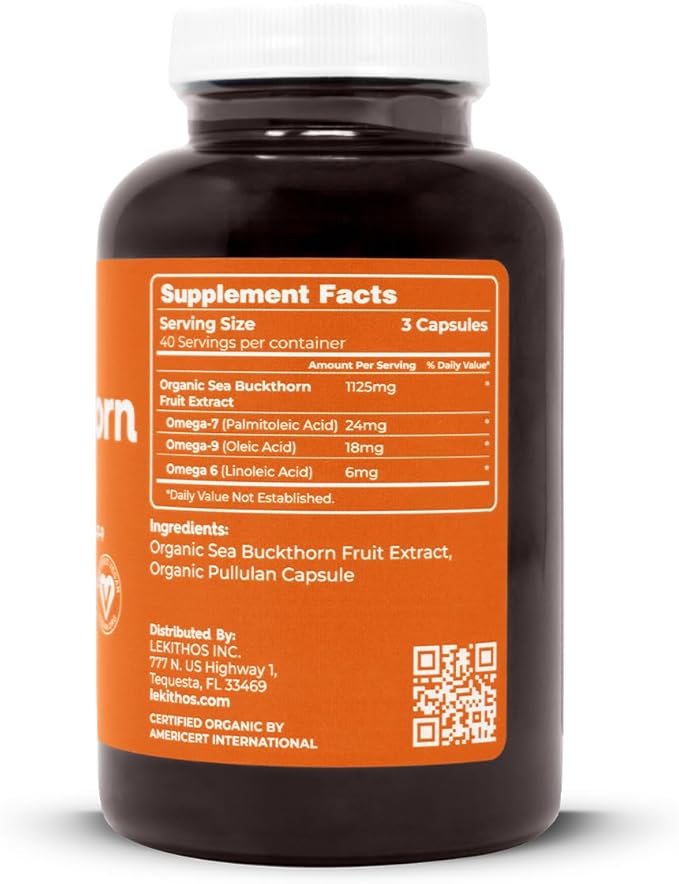 Organic Sea Buckthorn Capsules | Organic Omega 6-7-9 Complex | 1125mg Per Serving | Supports Skin Barrier and Inflammatory Response | USDA Organic Vegan Non-GMO Gluten-Free | 120 Capsules