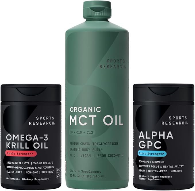 Sports Research® Brain Fuel Pack - Extra Strength Alpha GPC 630mg + Omega-3 Krill Oil 1000mg + Organic MCT Oil (C8 C10 C12)