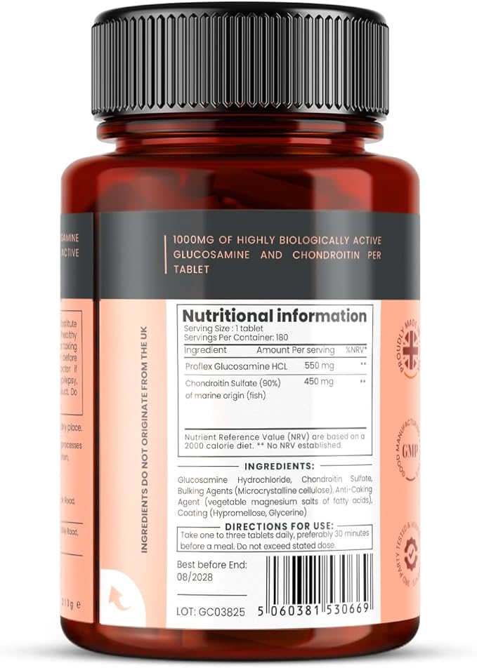 pureclinica 1000mg Glucosamine HCL &amp Chondroitin x 180 Tablets - 6 Months Supply. The Most Effective and Biologically Active: Chondroitin 90% Glucosamine HCL 83.1%