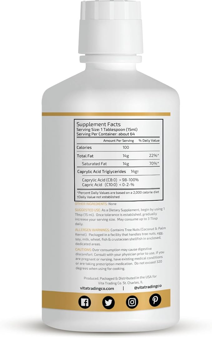 VTC VitaTradingCo. 100% Pure C8 MCT Oil | 3X Distilled Caprylic Acid | Healthy Fat for Clean Energy | Sustainably Sourced | Non-GMO Paleo Keto | 32oz 64 Servings (Unflavored)