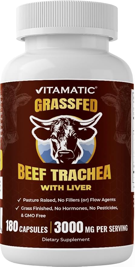 Vitamatic Grass-Fed Beef Trachea with Liver 180 Capsules – Freeze-Dried Non-GMO Bovine Liver Supplement – Pasture-Raised Glandular-Based Formula