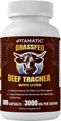 Vitamatic Grass-Fed Beef Trachea with Liver 180 Capsules – Freeze-Dried Non-GMO Bovine Liver Supplement – Pasture-Raised Glandular-Based Formula