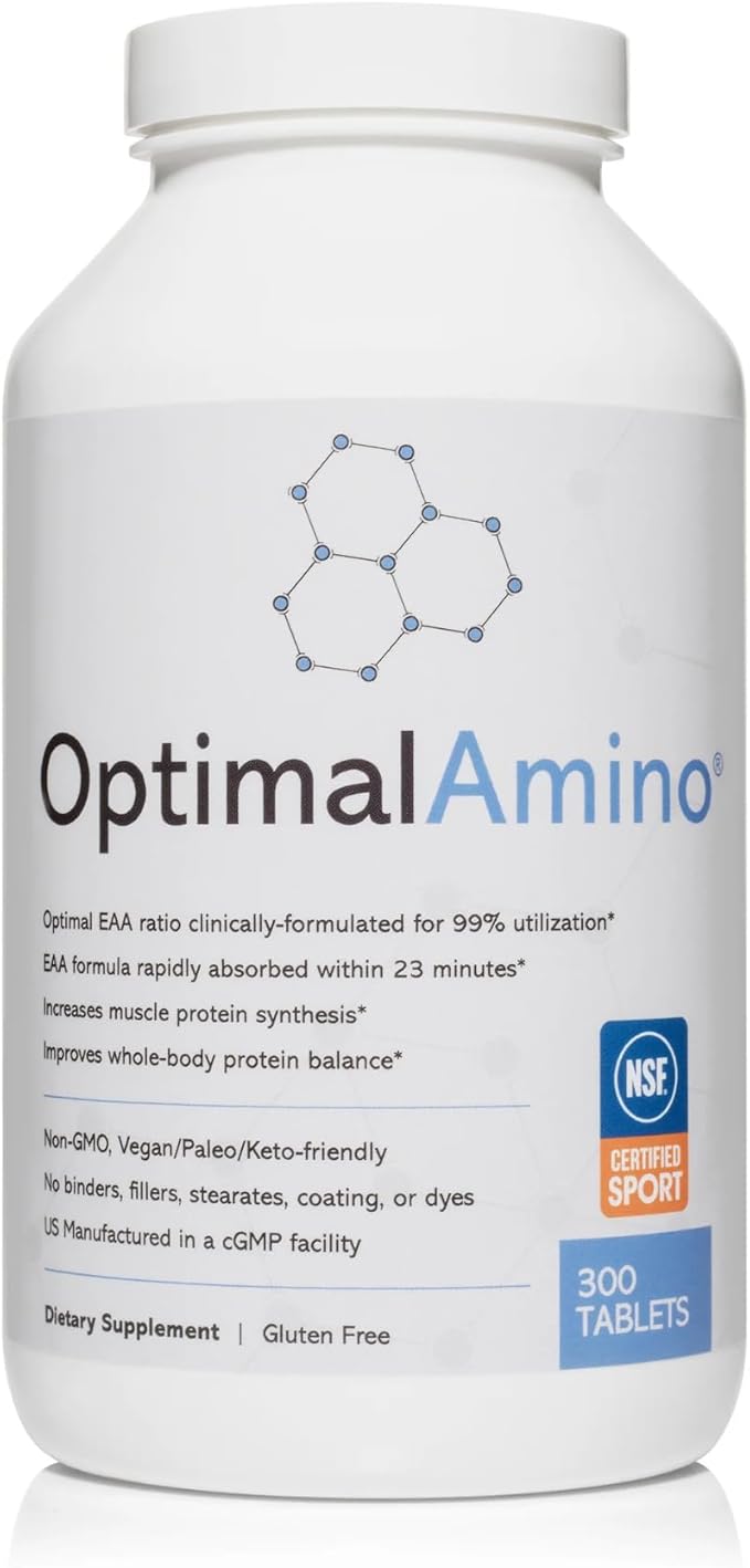 OptimalAmino Tablets (300 Count) | 99% Utilized Essential Amino Acids (EAA) Supplement Increase Muscle Recovery BCAA Protein Pre/Post Workout | NSF Certified for Sport® Certified