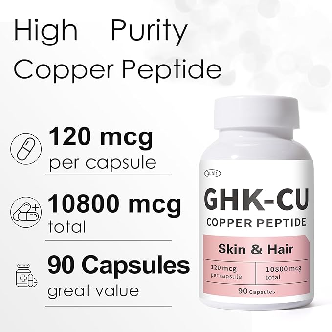 QUBIT GHK-Cu Copper Peptide Supplement for Skin &amp Hair Easy to Absorb Precisely Dosed – 90 Vegan Capsules