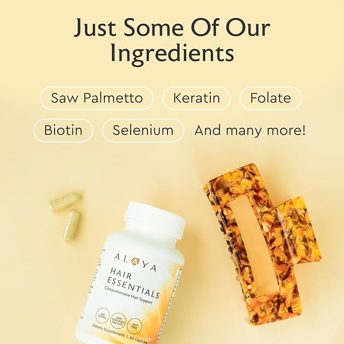 Alaya Hair Essentials - Hair Supplement with Biotin Keratin Folic Acid Vitamin B12 B6 - Lab Tested - Gluten Free - 30 Day Supply